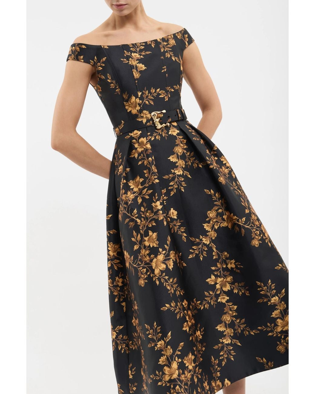 Rebecca Vallance Black Gilded Floral Midi Dress