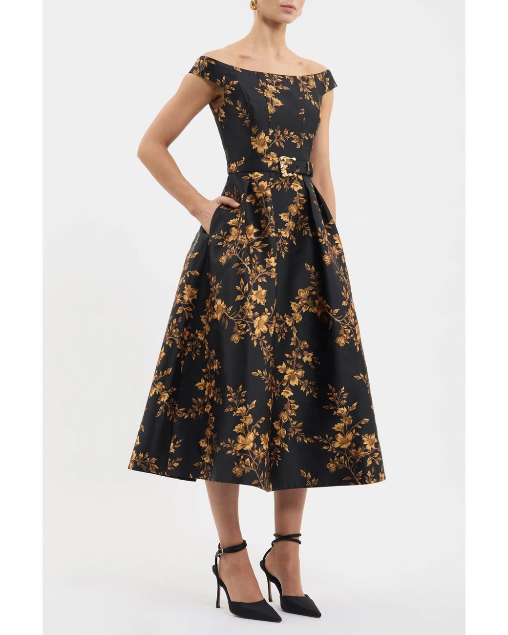 Rebecca Vallance Black Gilded Floral Midi Dress