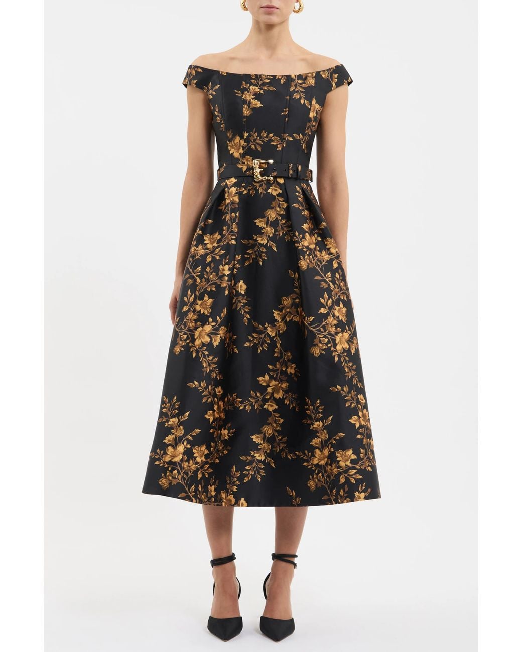 Rebecca Vallance Black Gilded Floral Midi Dress