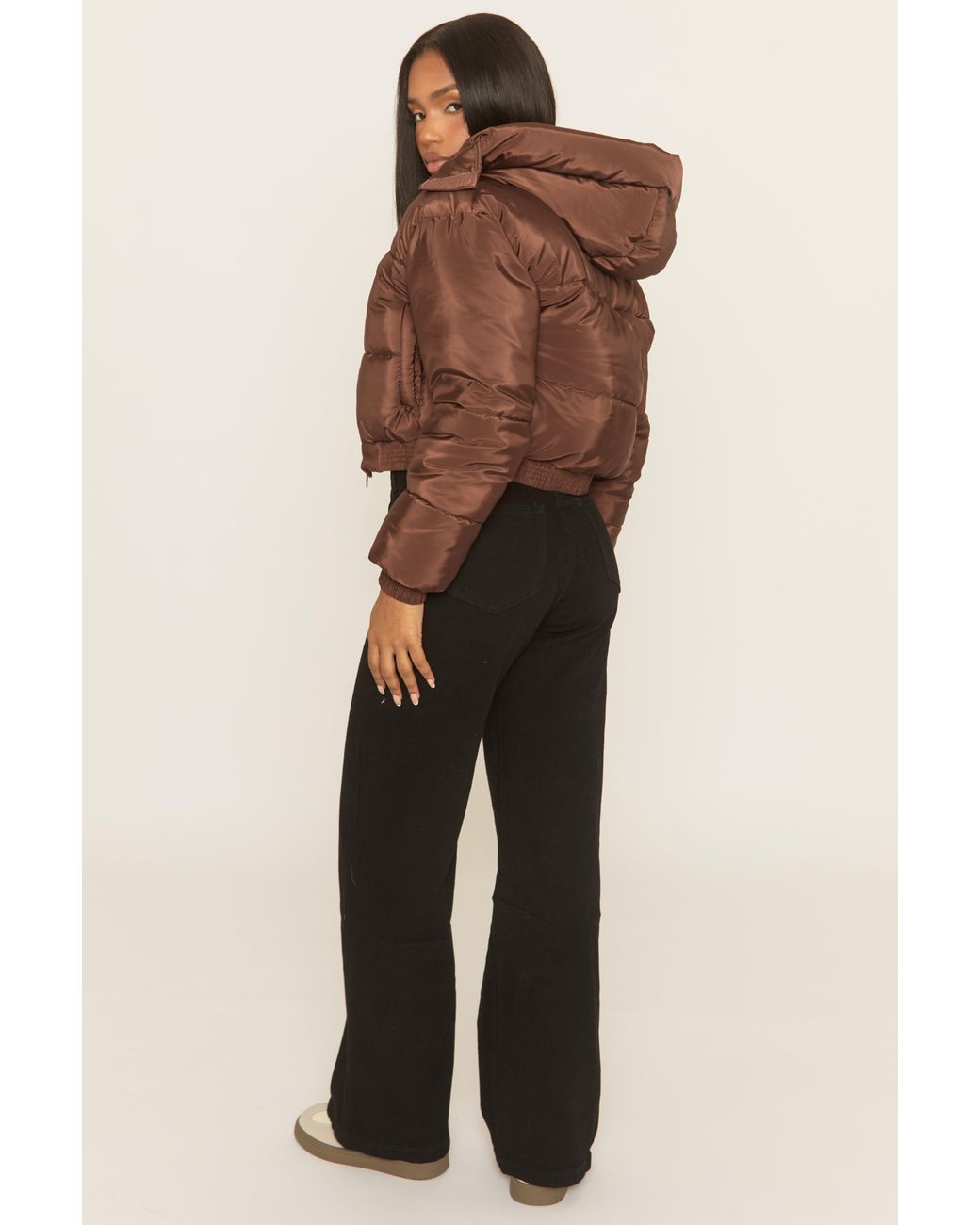 Rebellious Fashion Natural Hooded Zip Through Crop Puffer Jacket