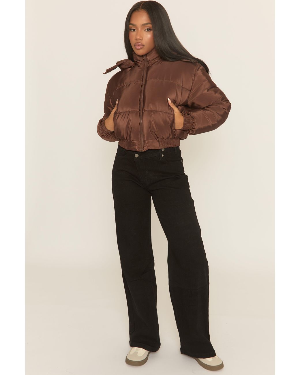 Rebellious Fashion Natural Hooded Zip Through Crop Puffer Jacket