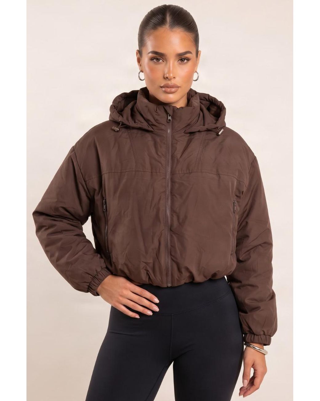 Rebellious Fashion Brown Hooded Toggle Cropped Puffer Jacket