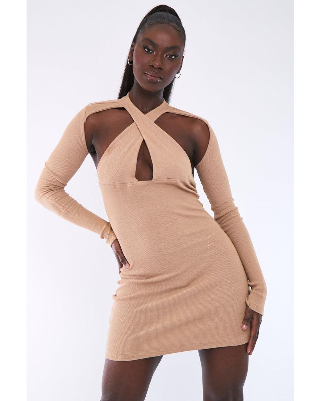 Rebellious Fashion Halter Neck Full Sleeve Cut Out Mini Dress - Jade in  Natural | Lyst UK