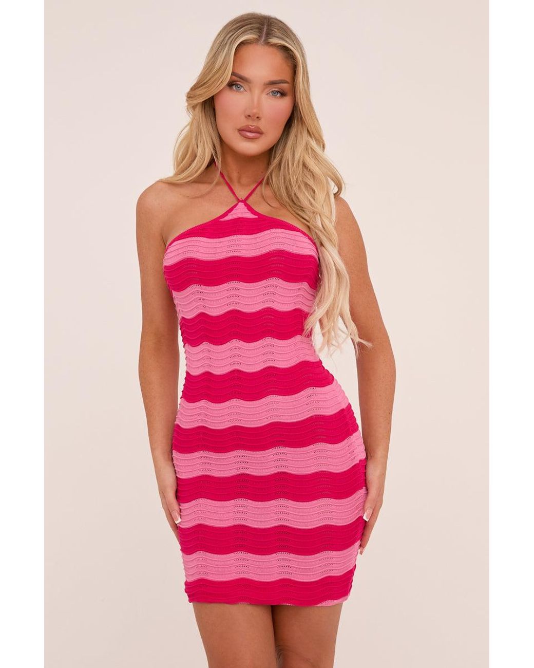 Rebellious Fashion Knit Striped Halter Neck Mini Dress in Pink Lyst UK