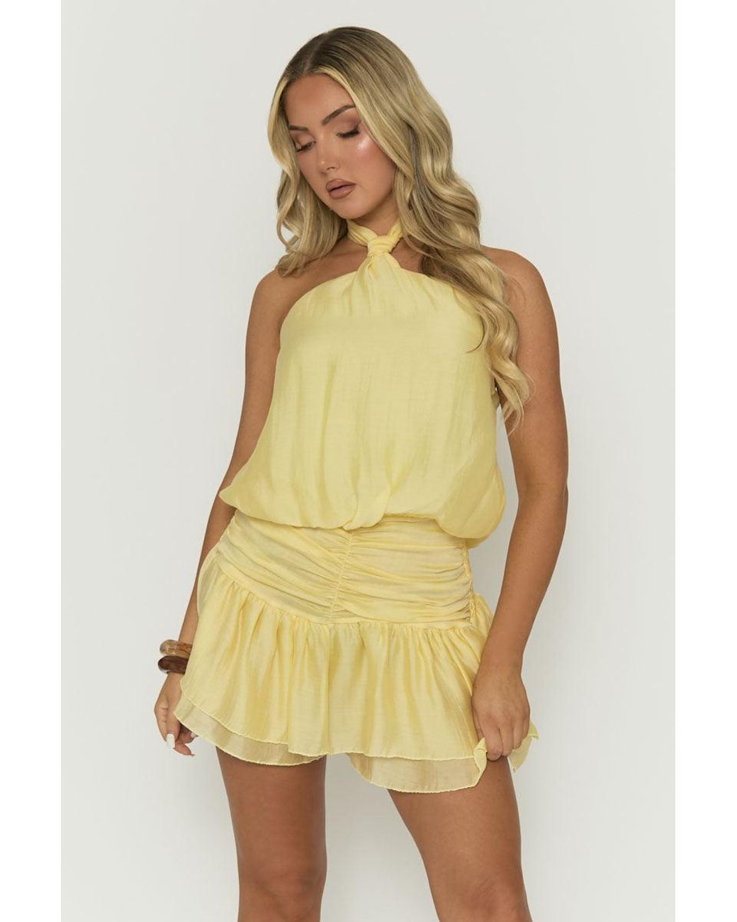 Rebellious Fashion Yellow Butter Halterneck Ruffle Playsuit