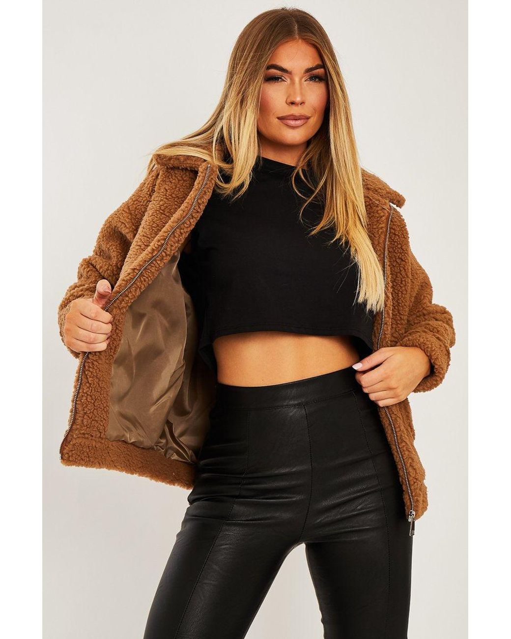 Rebellious Fashion Collar Zip Front Borg Teddy Jacket - Kaleah in Brown