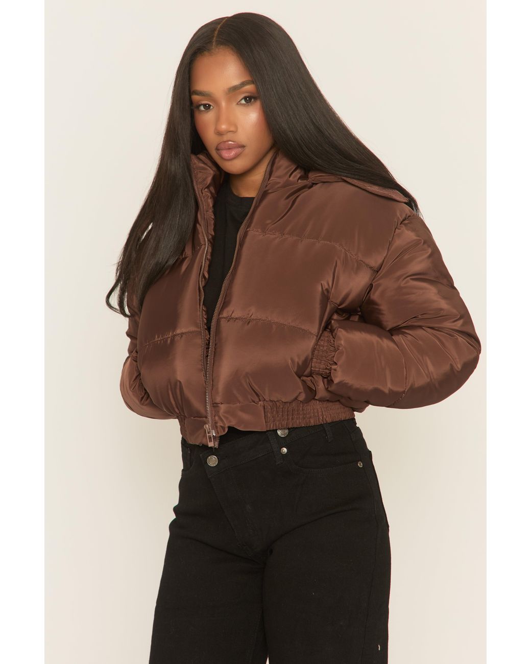 Rebellious Fashion Natural Hooded Zip Through Crop Puffer Jacket