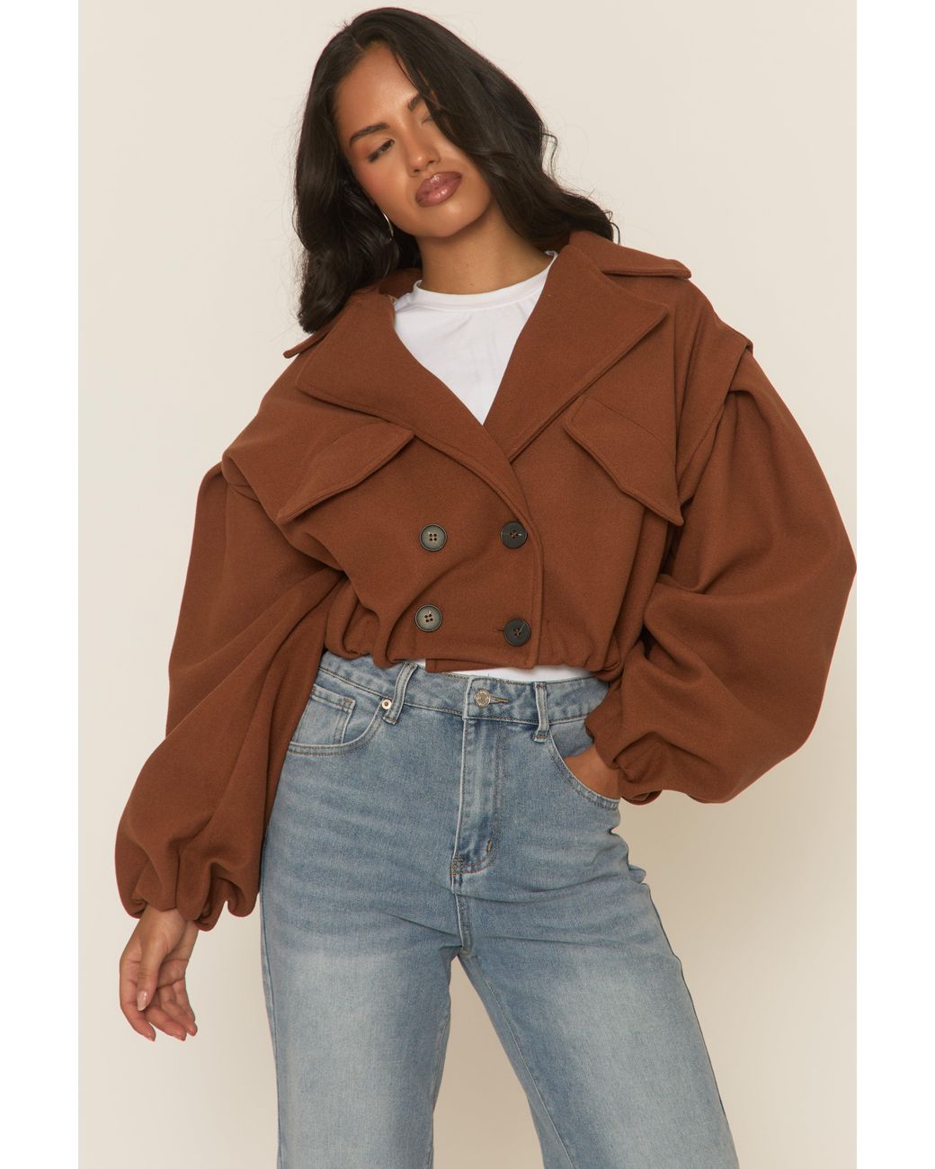 Rebellious Fashion Brown Wool Look Double Breasted Cropped Trench Coat
