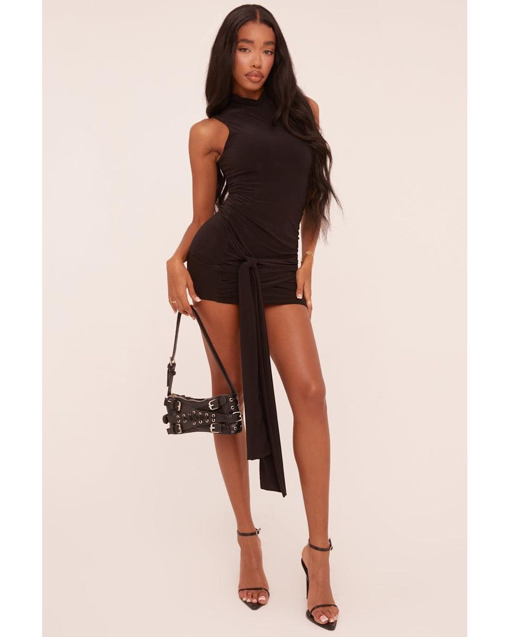 Rebellious Fashion High Neck Tie Front Detail Sleeveless Bodycon Mini Dress in Black Lyst UK