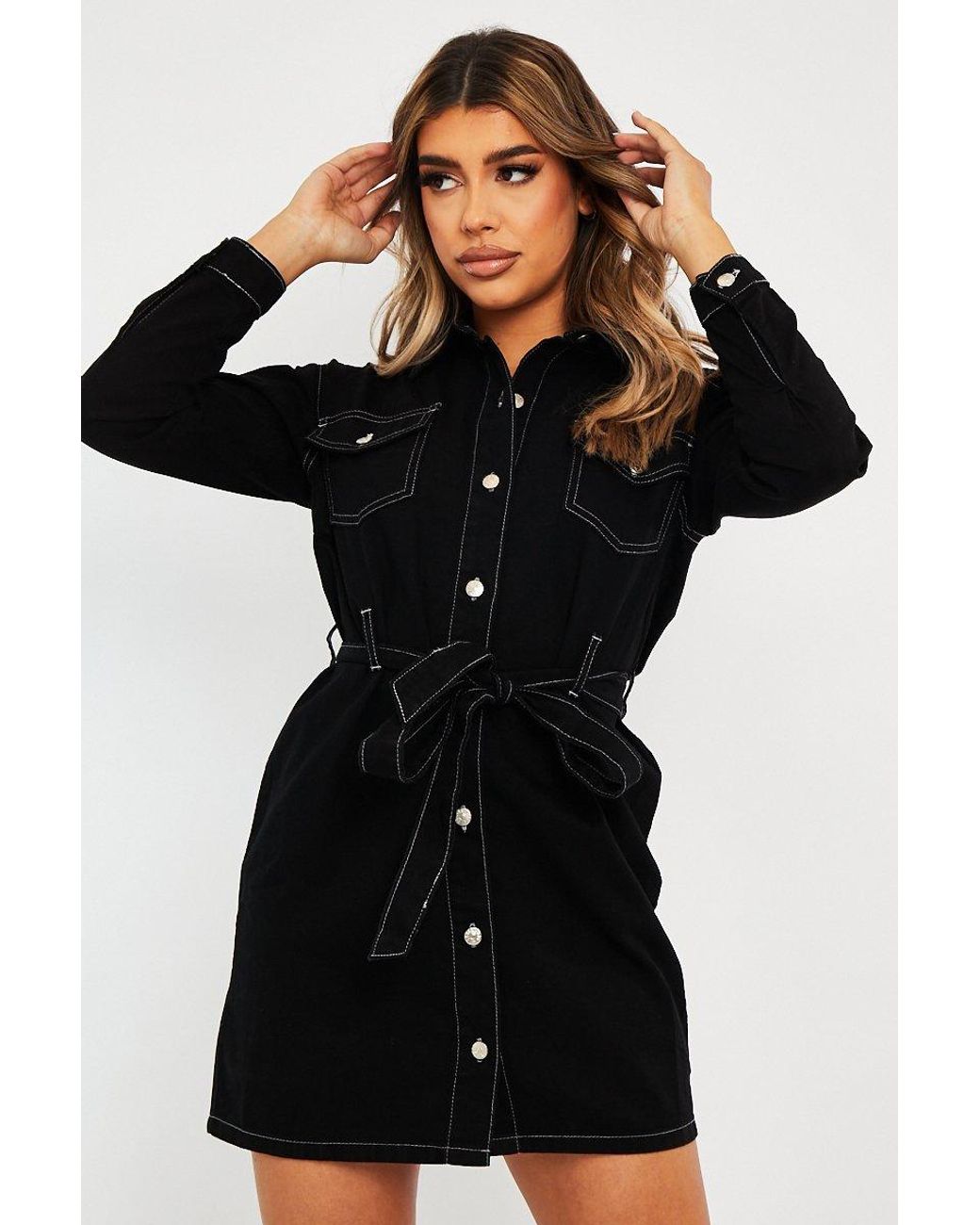 Long sleeve black denim dress cheap