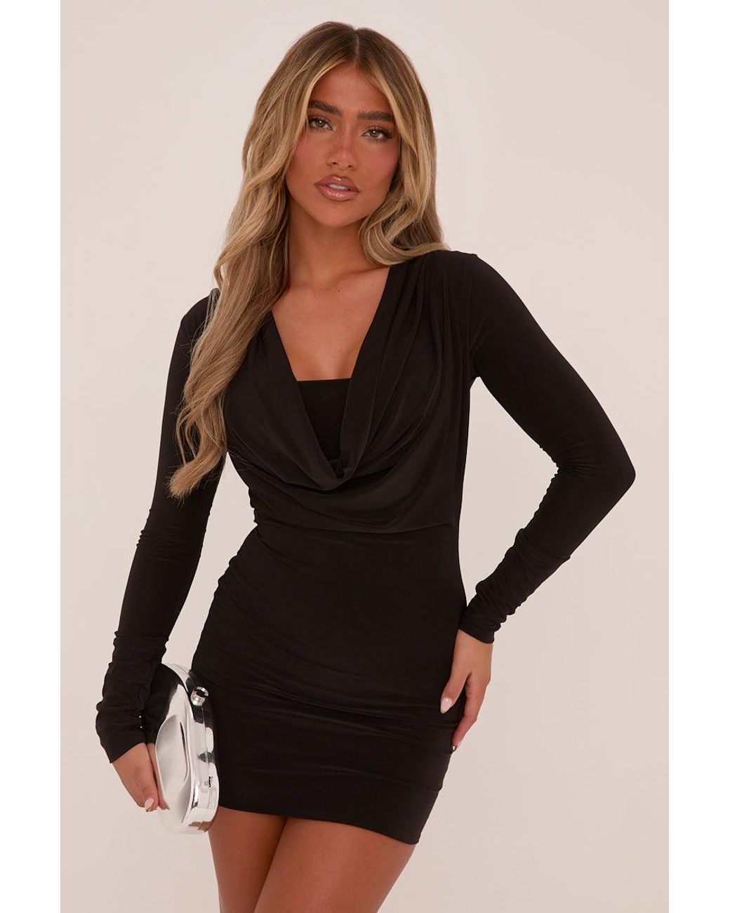 Black cowl neck dress with sleeves outlet