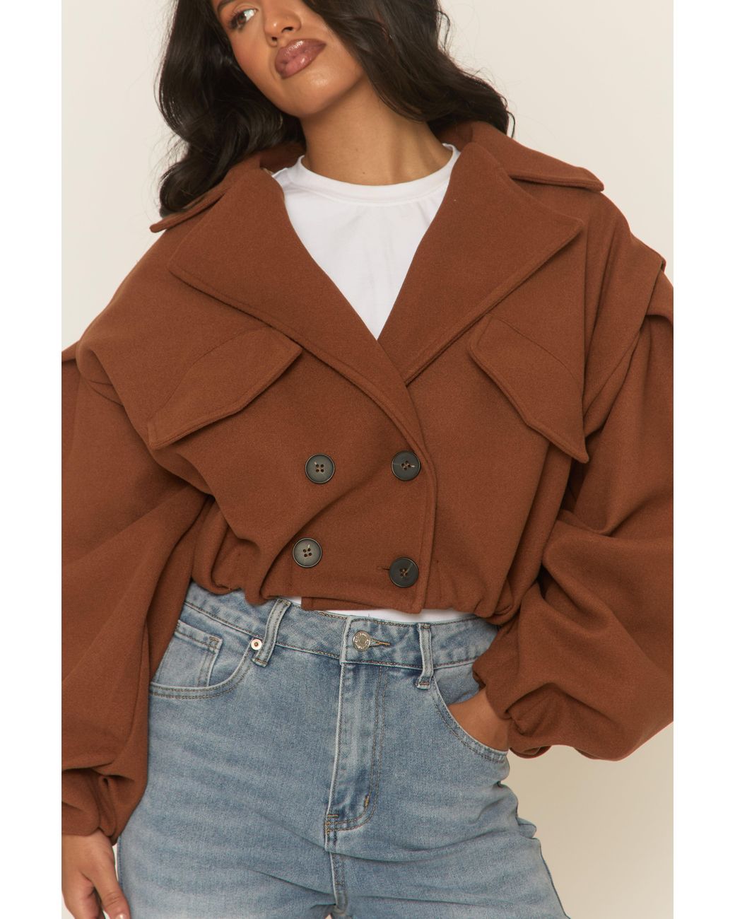 Rebellious Fashion Brown Wool Look Double Breasted Cropped Trench Coat
