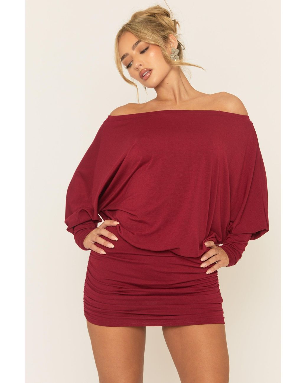 strapless open back dress Red Ribbed Ruffle Long Sleeve Bardot Dress main image 1
