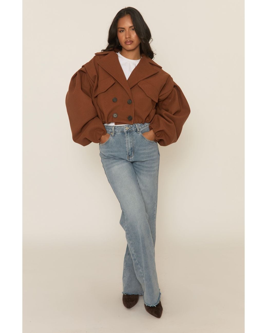 Rebellious Fashion Brown Wool Look Double Breasted Cropped Trench Coat