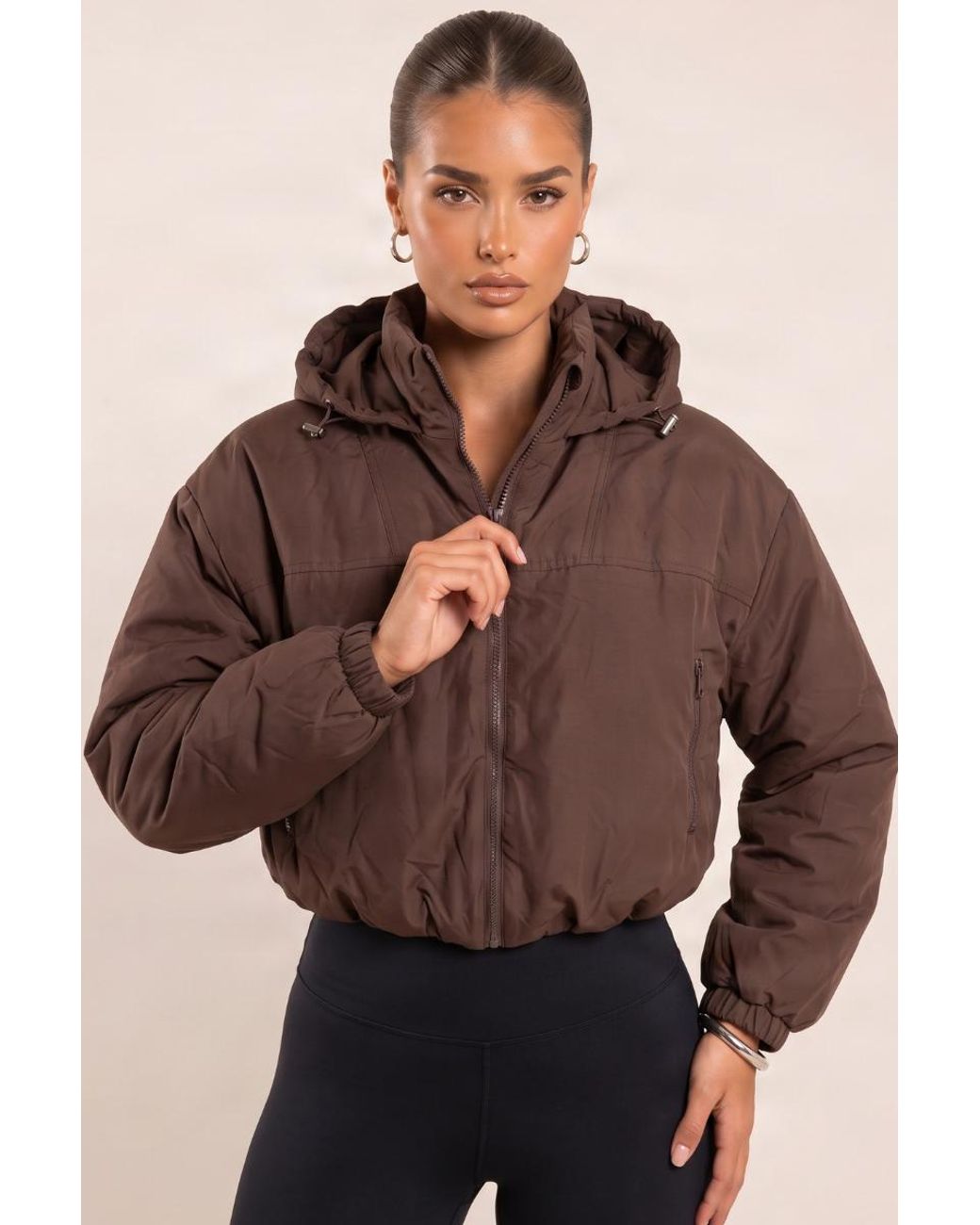 Rebellious Fashion Brown Hooded Toggle Cropped Puffer Jacket