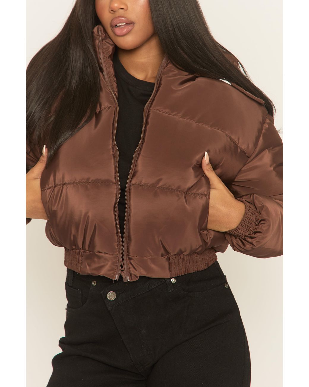 Rebellious Fashion Natural Hooded Zip Through Crop Puffer Jacket