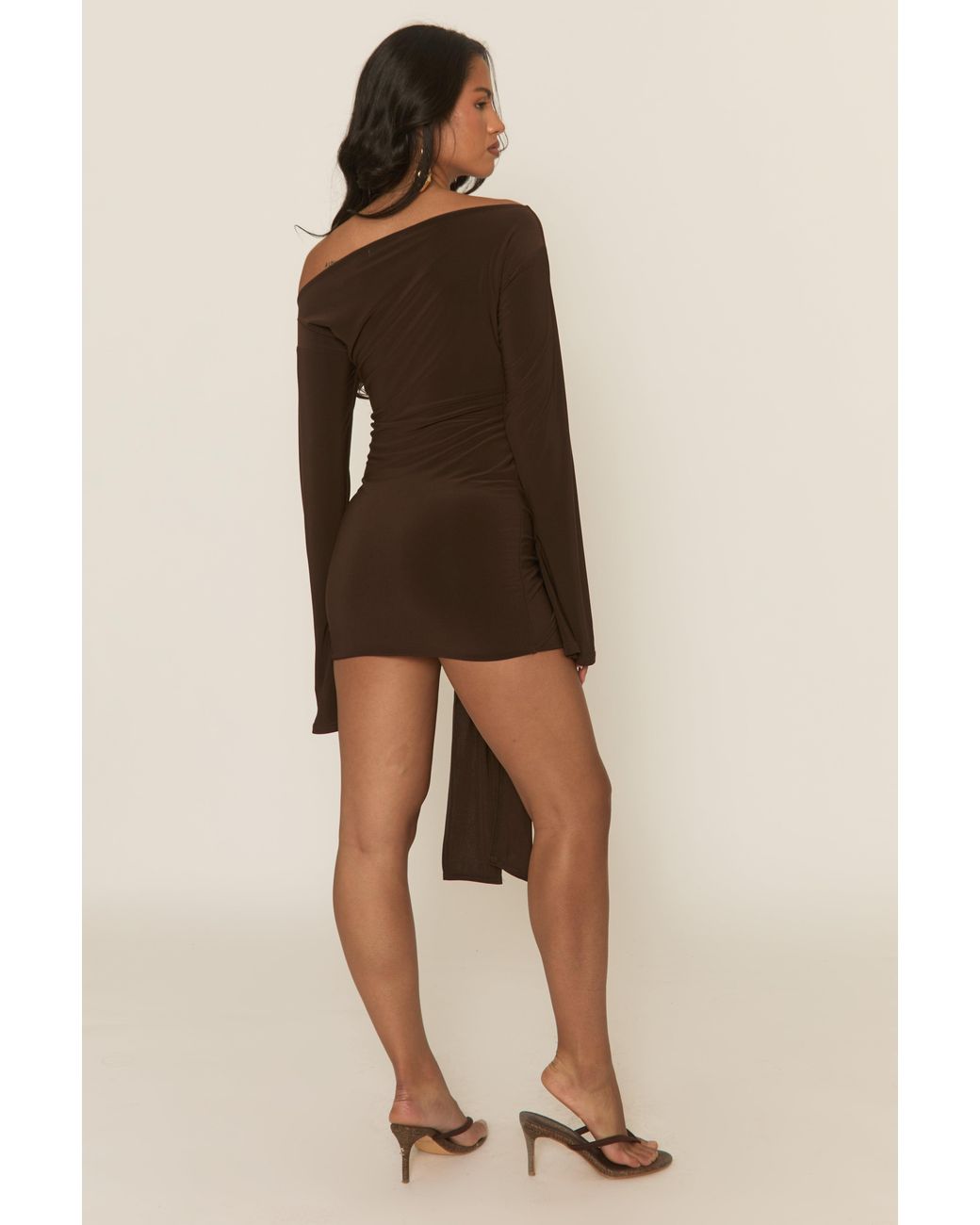green emerald velvet dress Burgundy Long Flared Sleeves Drape Detail Bodycon Mini Dress | Dress main image 1