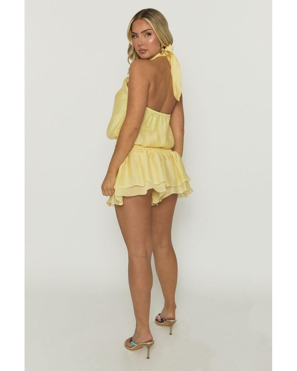 Rebellious Fashion Yellow Butter Halterneck Ruffle Playsuit