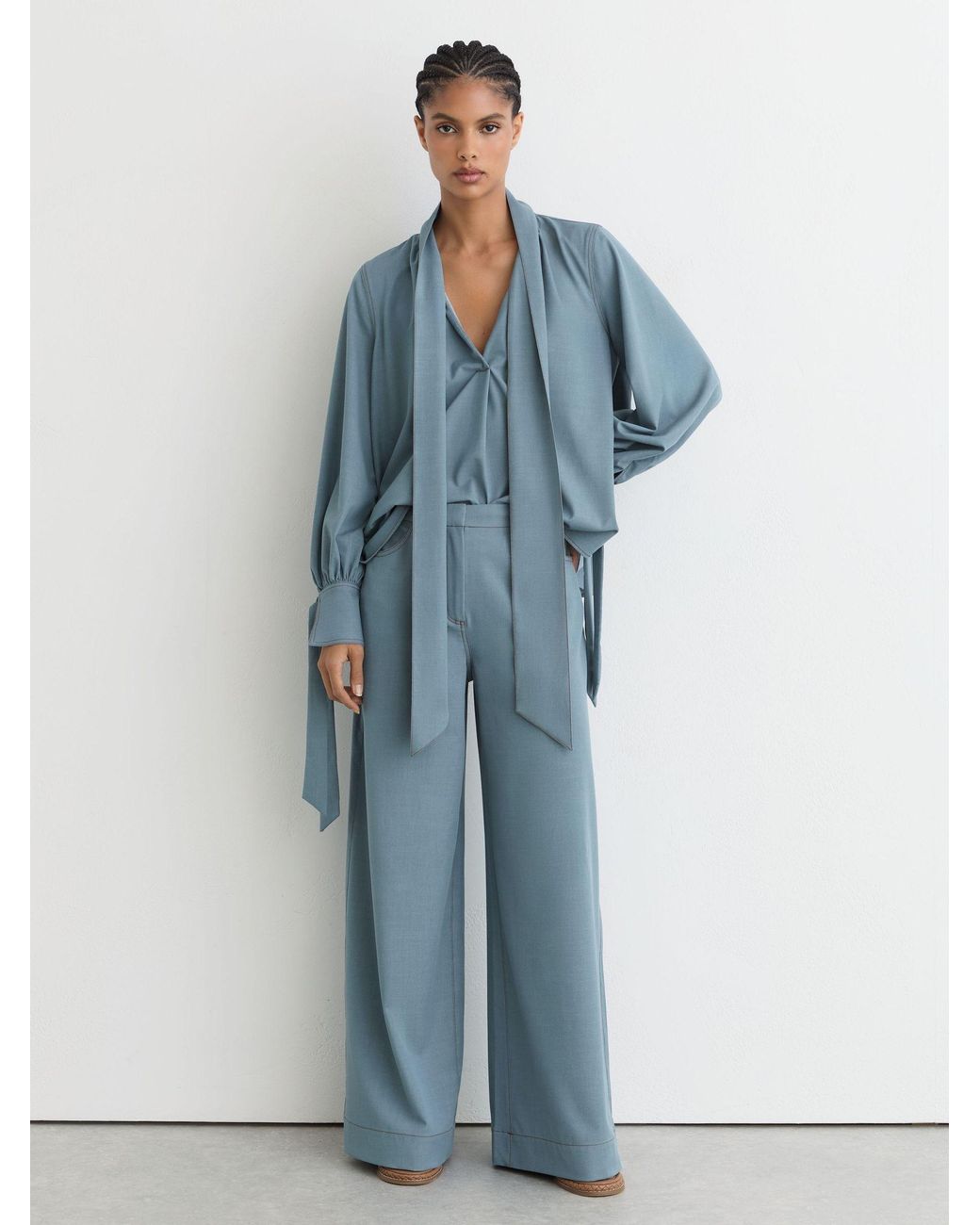 Reiss Blue Denim-Look Tie-Neck Blouse