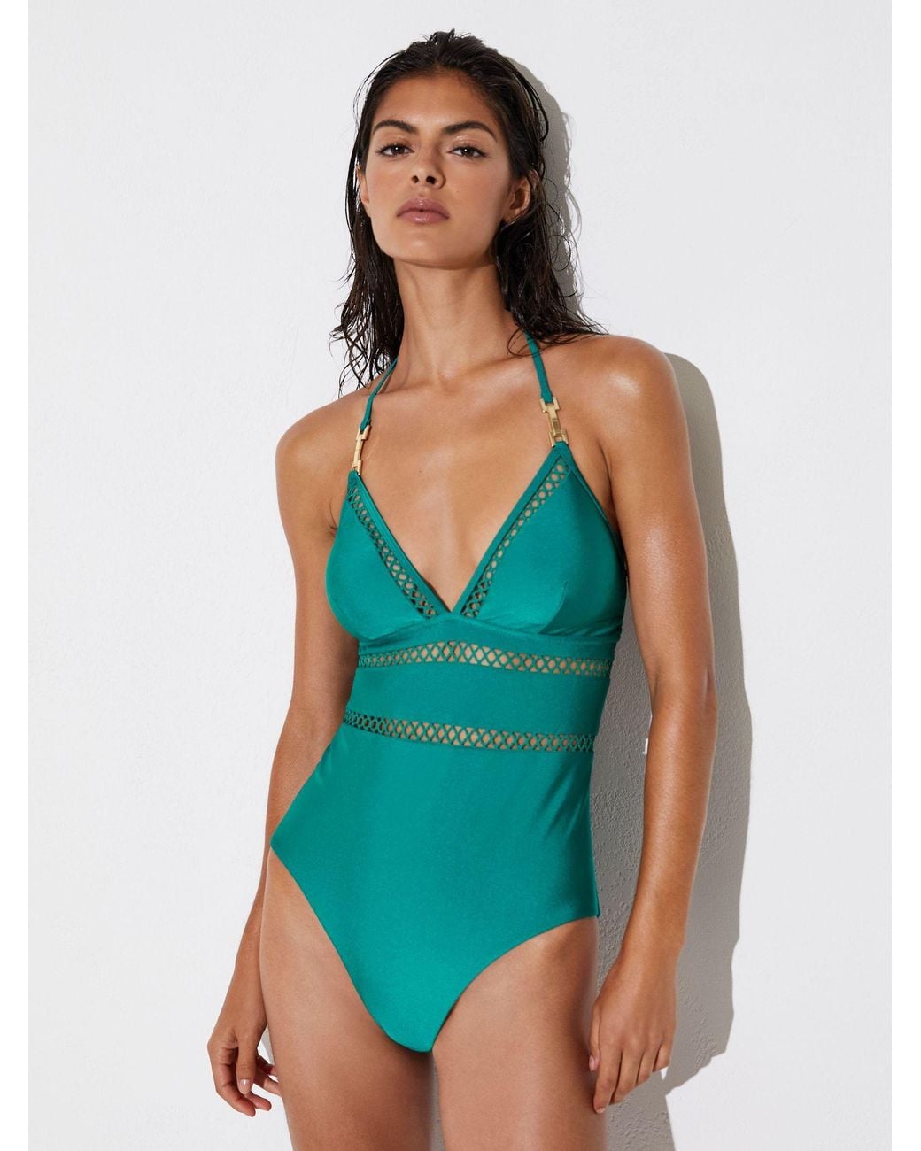 Reiss Blue Shimmer Lattice-Trim Swimsuit