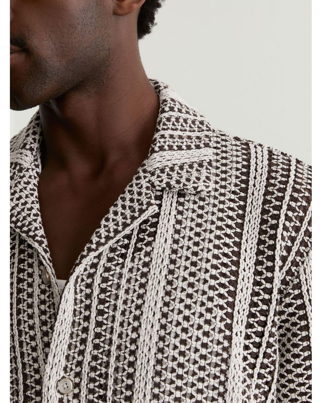 Reiss Gray Aetos - Dark Brown Crochet Stripe Cuban-collar Shirt, S for men