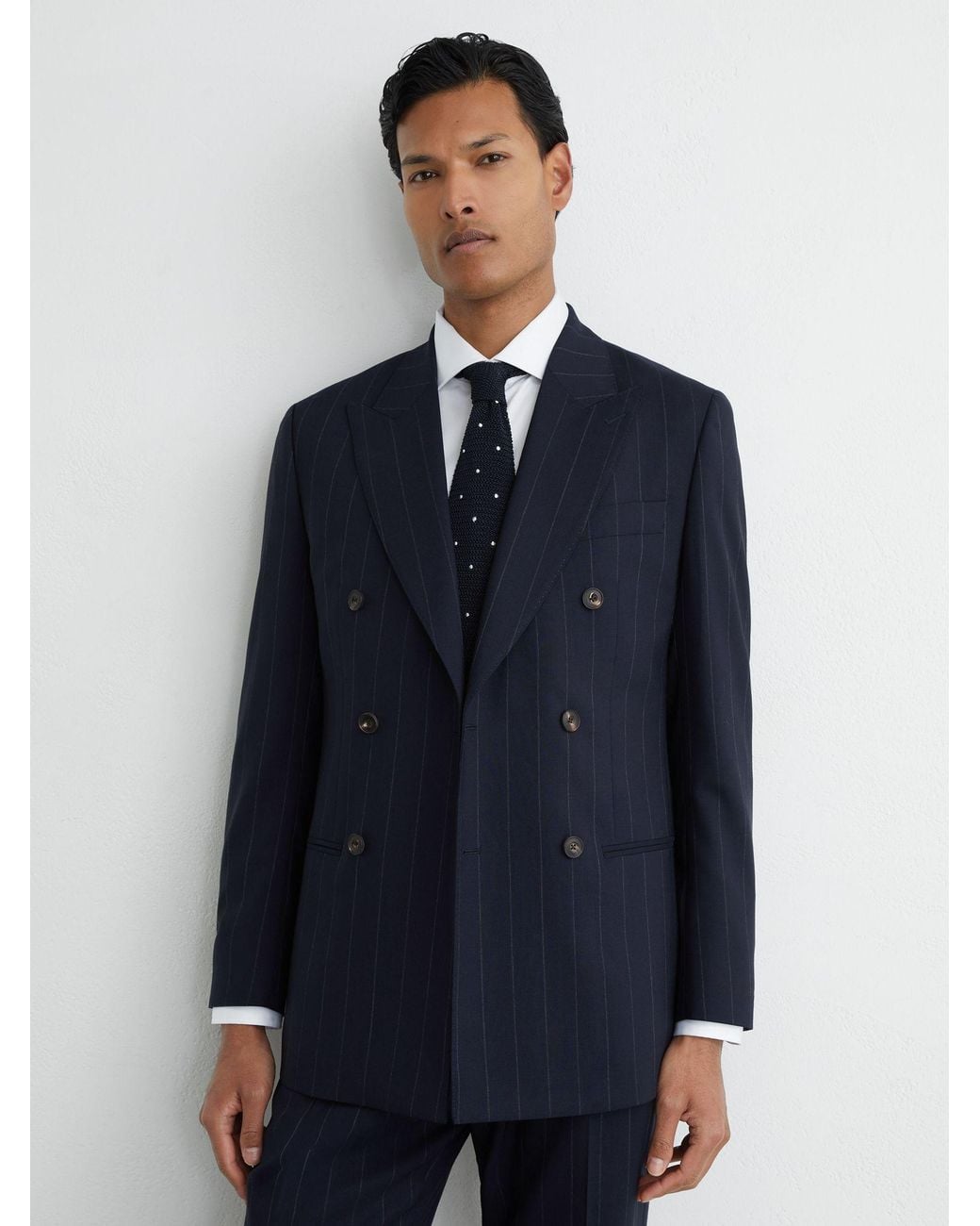 Reiss Blue Virgin Wool Pinstripe Double-Breasted Suit Blazer Tailored-Fit for men