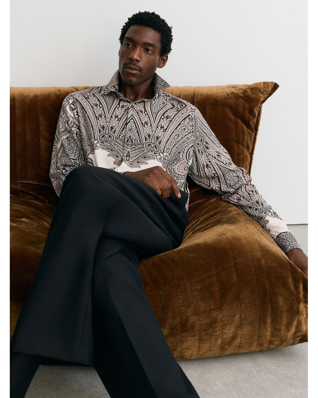 Reiss Gray Paisley-Print Long-Sleeve Shirt Regular-Fit for men
