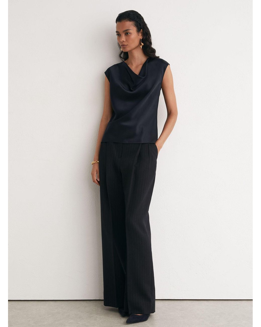 Reiss Black Silk Cowl-Neck Sleeveless Top