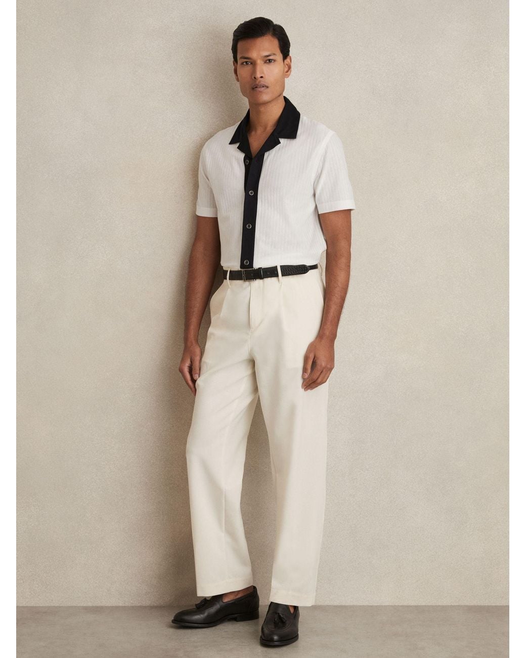 Reiss Natural Aster - White/navy Cotton Textured Colour-block Shirt, S for men