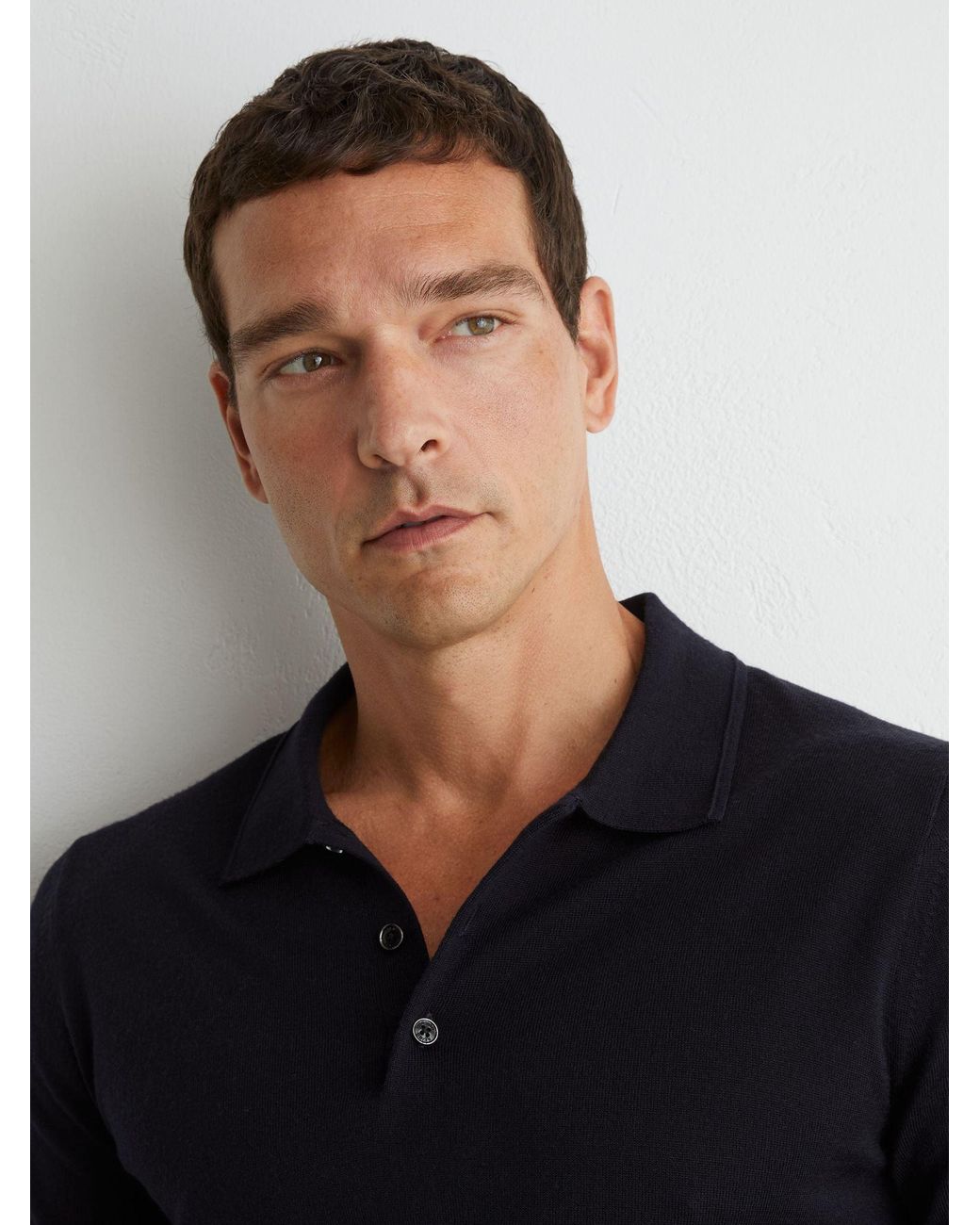 Reiss Blue Merino Wool Long-Sleeve Polo Shirt for men