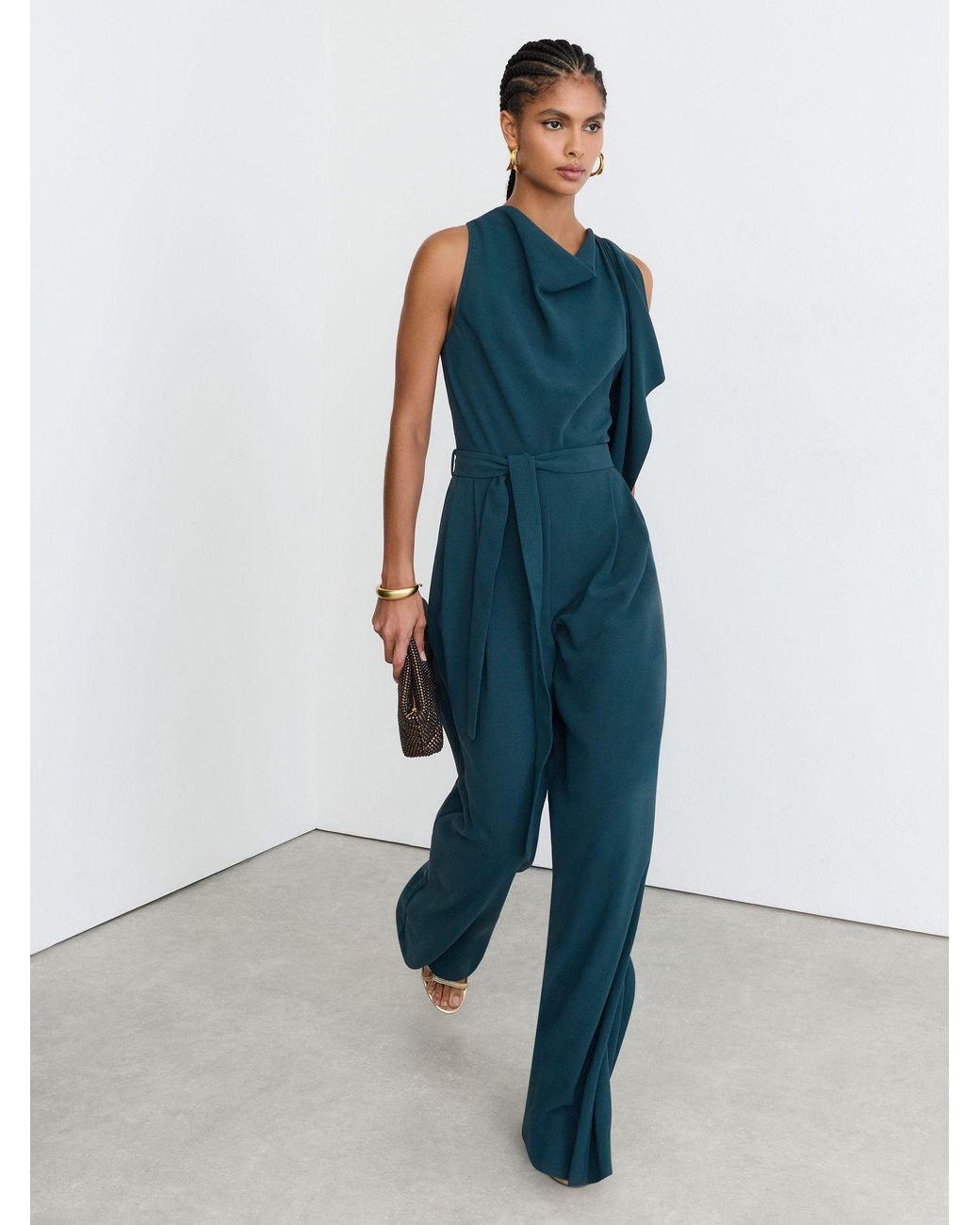 Reiss Blue Kelly - Teal Green Draped-detail Belted Wide-leg Jumpsuit, Us 10