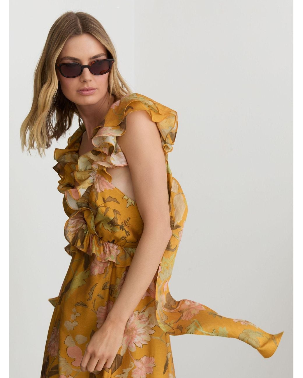 Reiss Metallic Floral-Print Frill-Trim Midi Dress