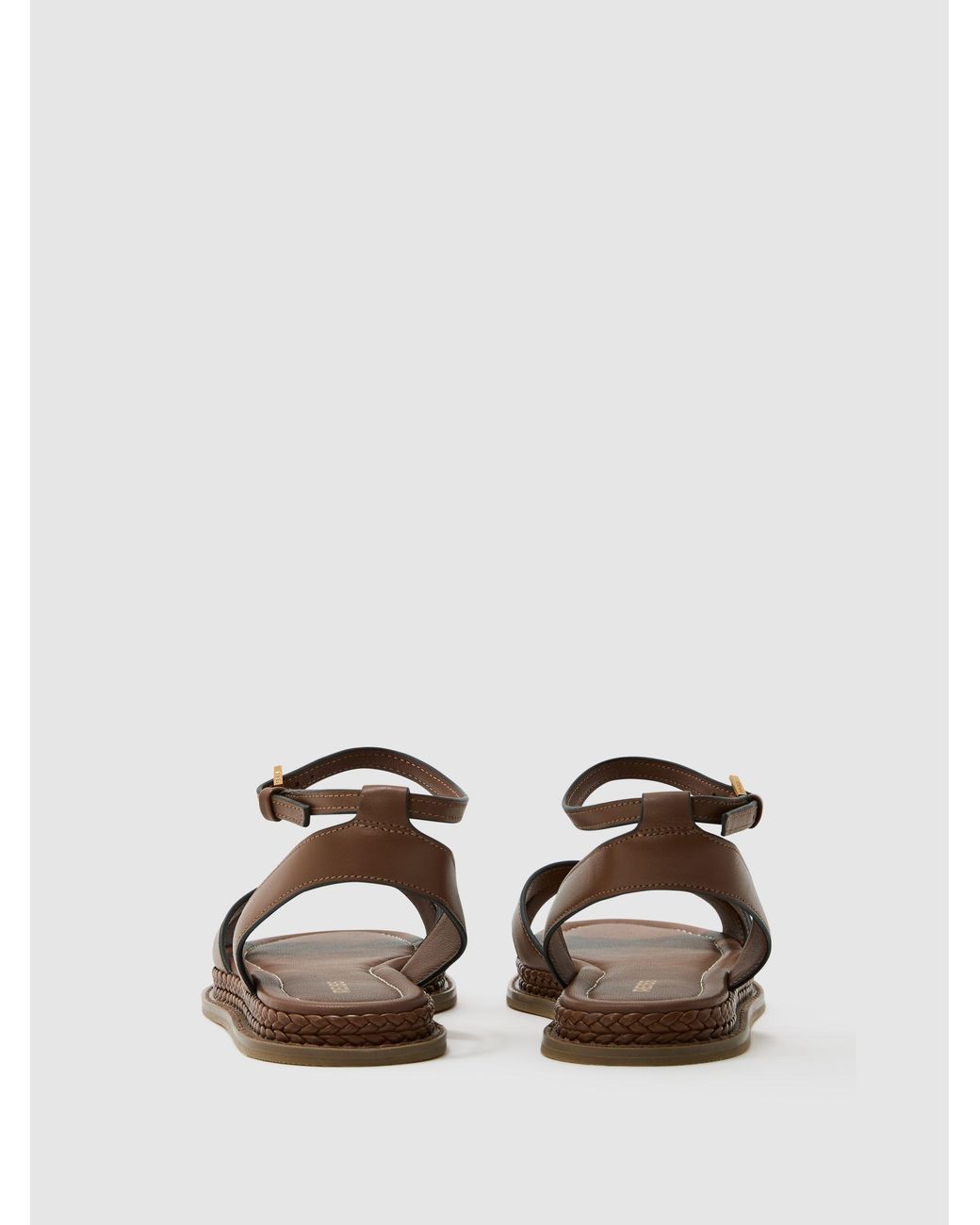 Reiss Brown Leather Plaited-Detail Flat Sandals