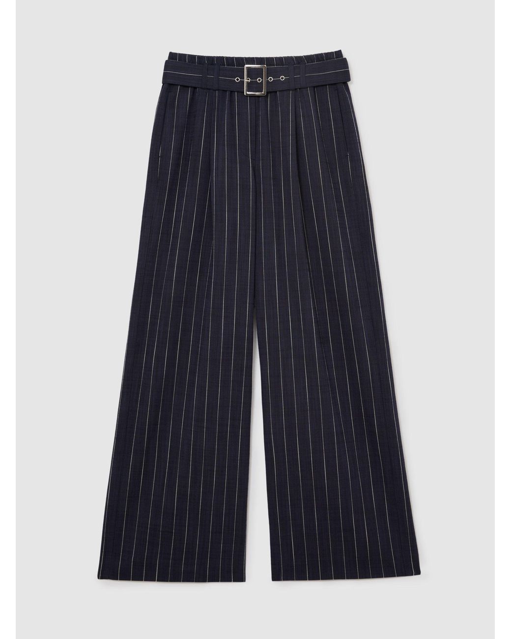 Reiss Blue Rae Petite Pinstripe Belted Wide-Leg Trousers