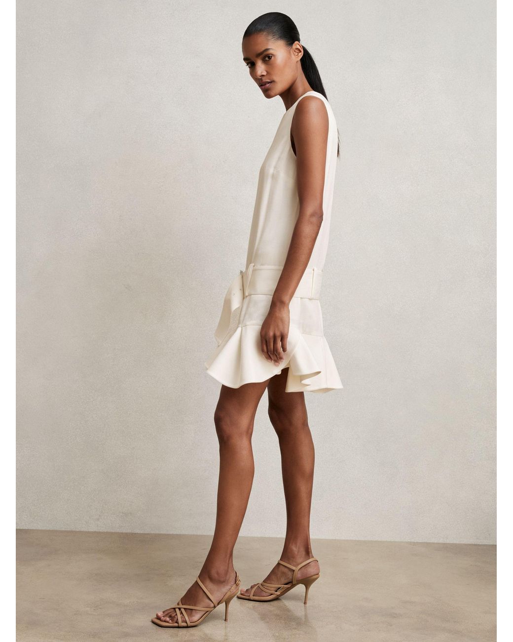 Reiss Natural Ruffled Belted Mini Dress