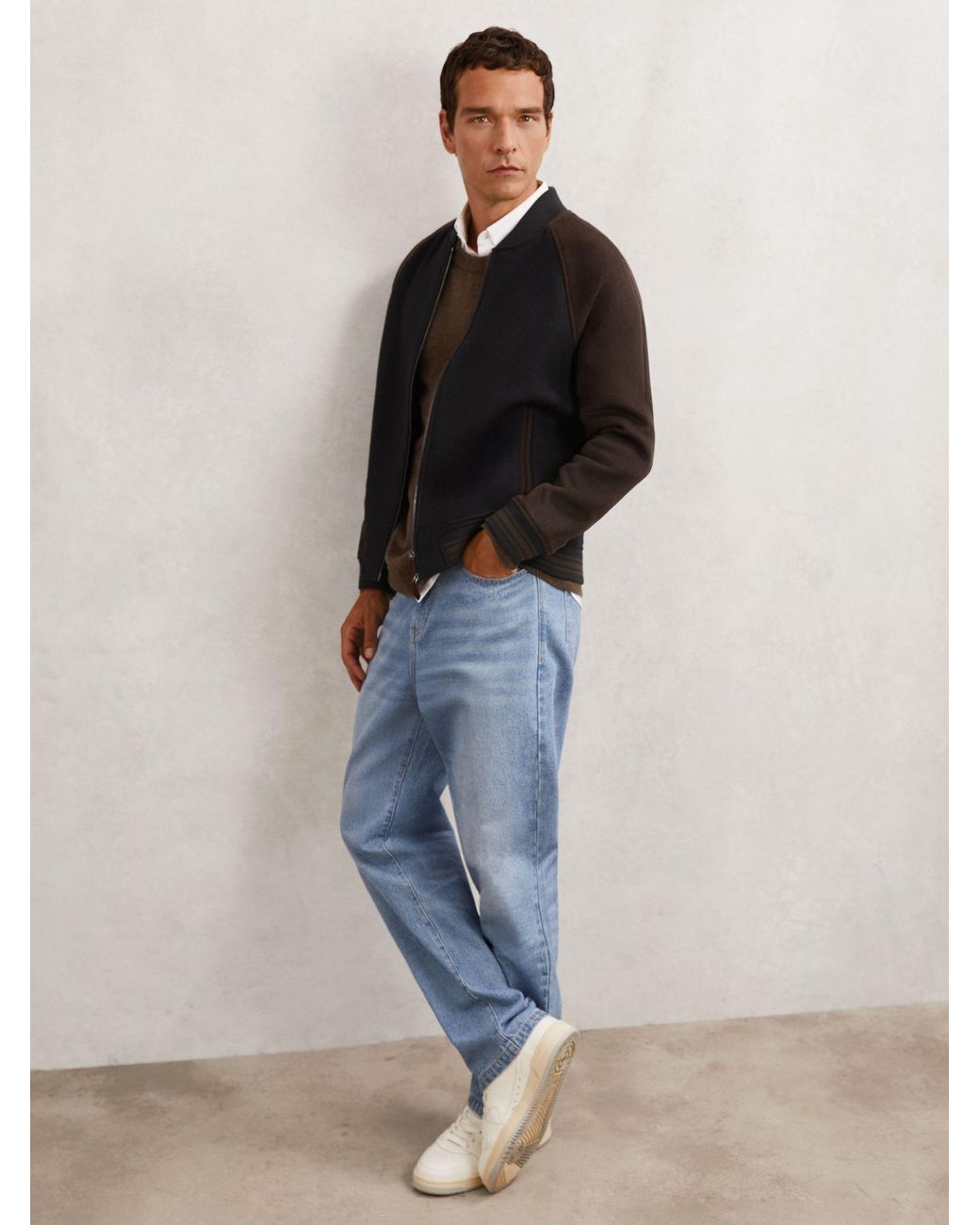 Reiss Black Wool-Blend Colour-Block Bomber Jacket for men