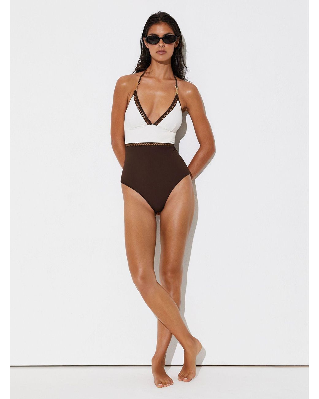 Reiss White Chocolate Colour-Block Lattice-Trim Swimsuit