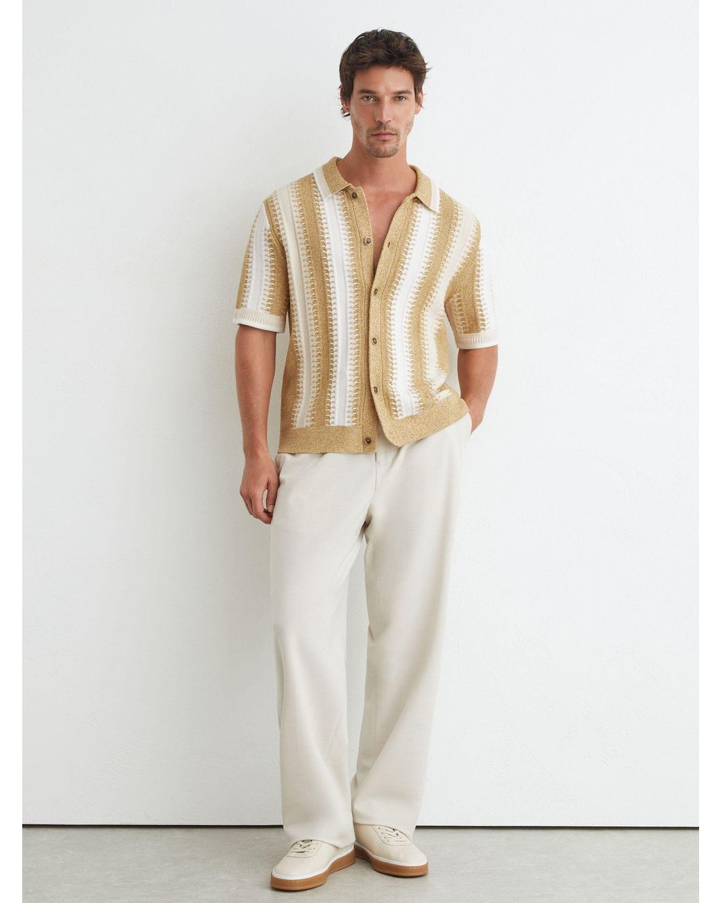 Reiss Natural Stitch-Detail Stripe Knitted Shirt With Cotton for men