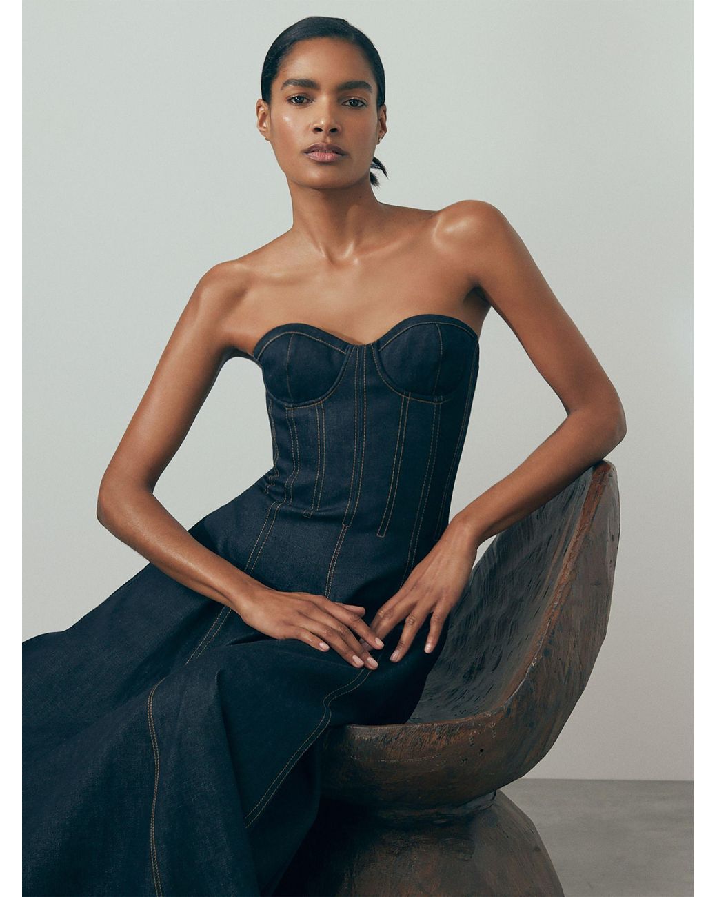 Reiss Blue Strapless Structured Denim Midi Dress