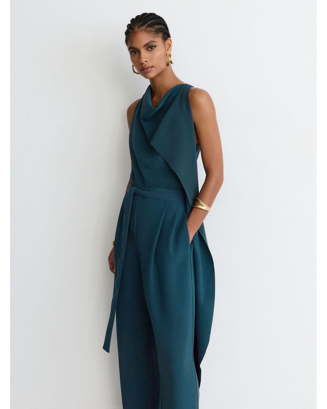 Reiss Blue Kelly - Teal Green Draped-detail Belted Wide-leg Jumpsuit, Us 10