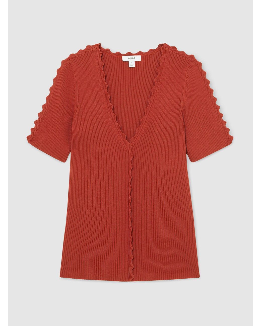 Reiss Red Scallop-Trim Rib-Knit Top