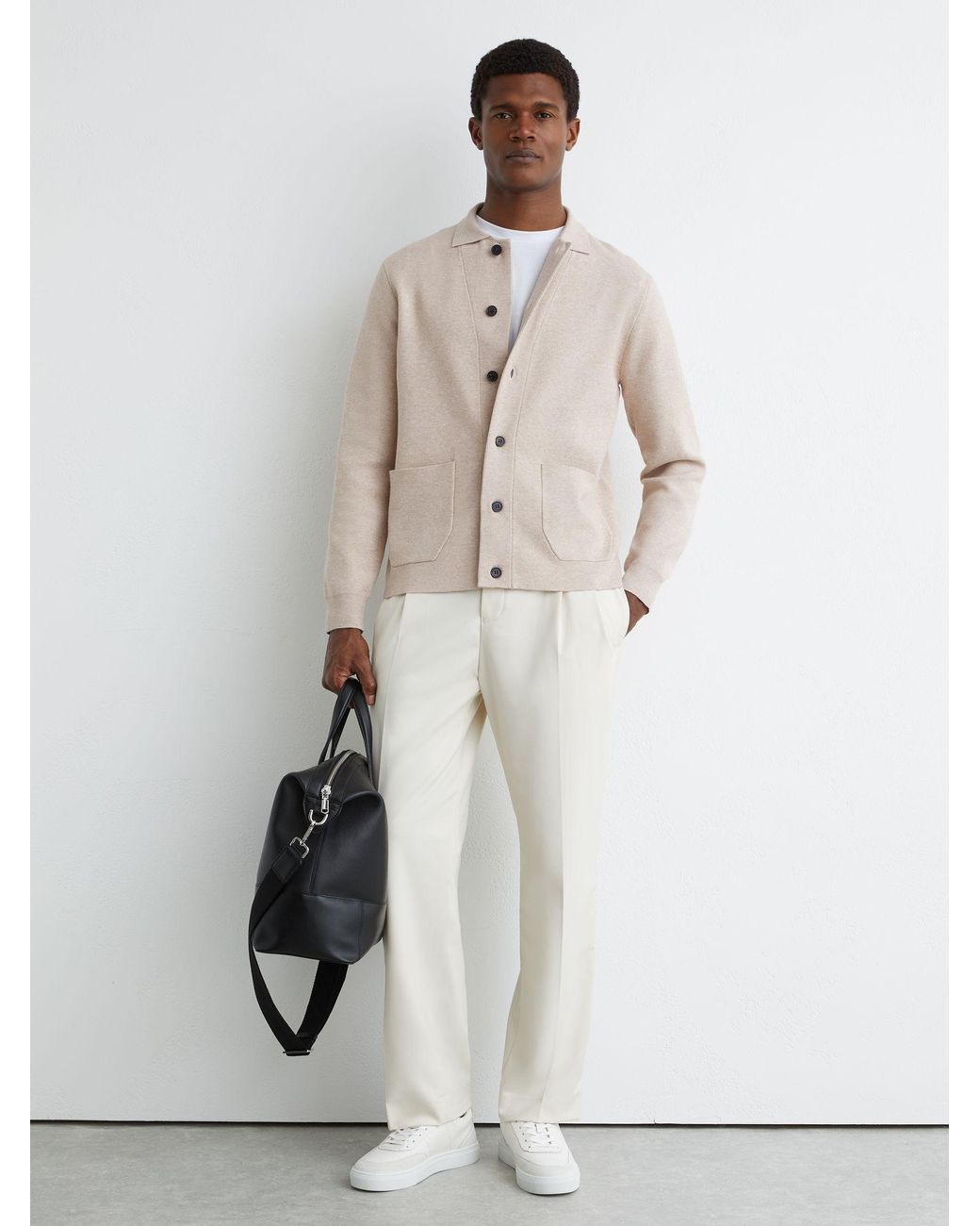 Reiss Natural Plaza - Oatmeal Collared Button-through Cardigan, L for men