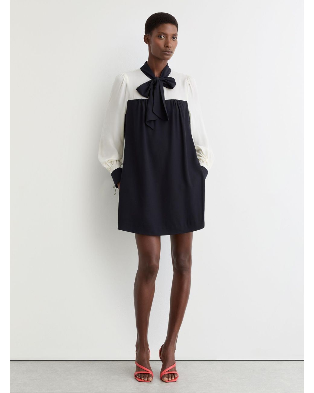 Reiss Blue Tie-Neck Contrast Shift Dress