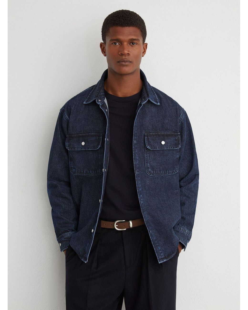 Reiss Blue Twin-Pocket Rigid-Denim Jacket for men