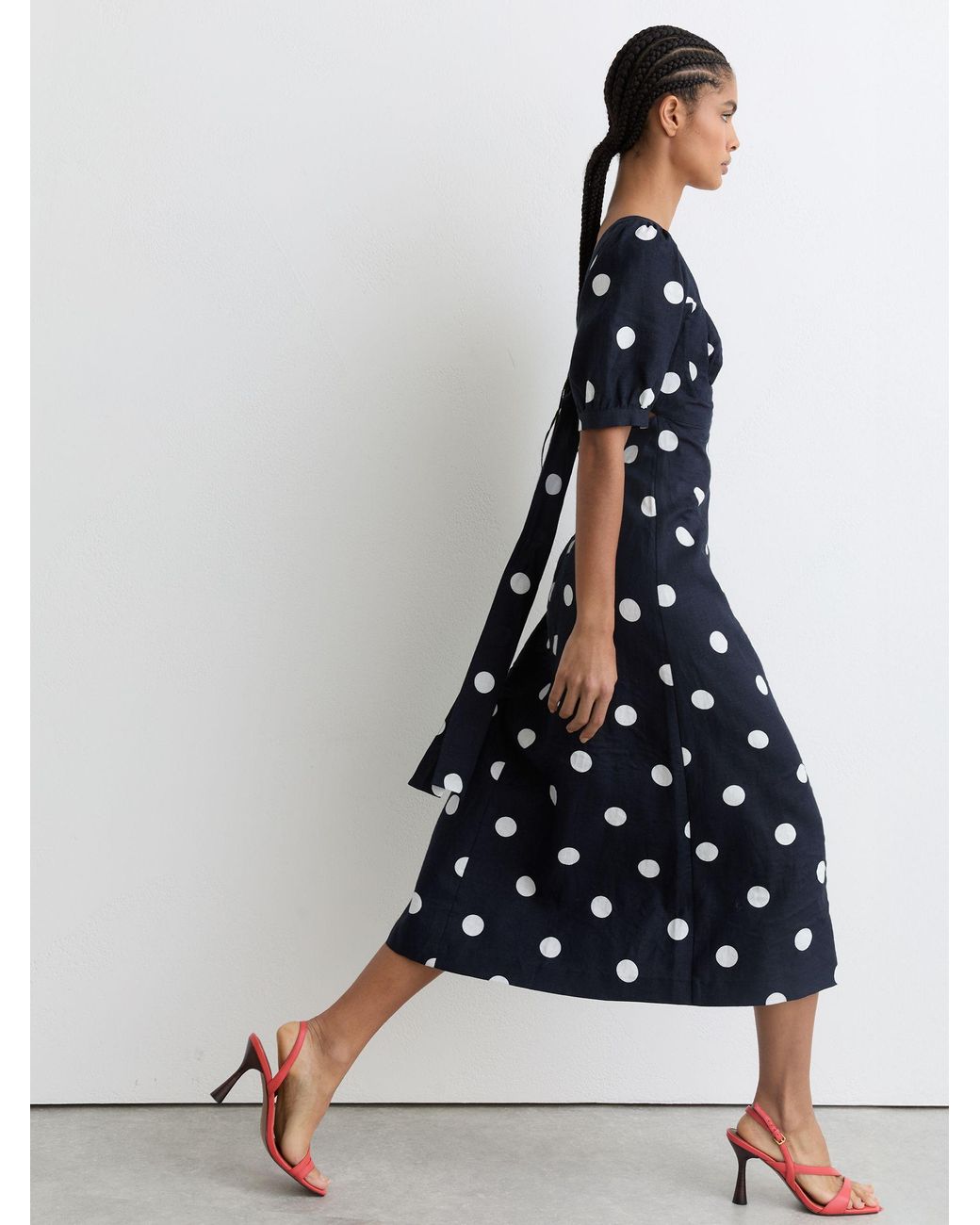 Reiss Blue Astrid Puff-Sleeve Polka-Dot Linen Midi Dress