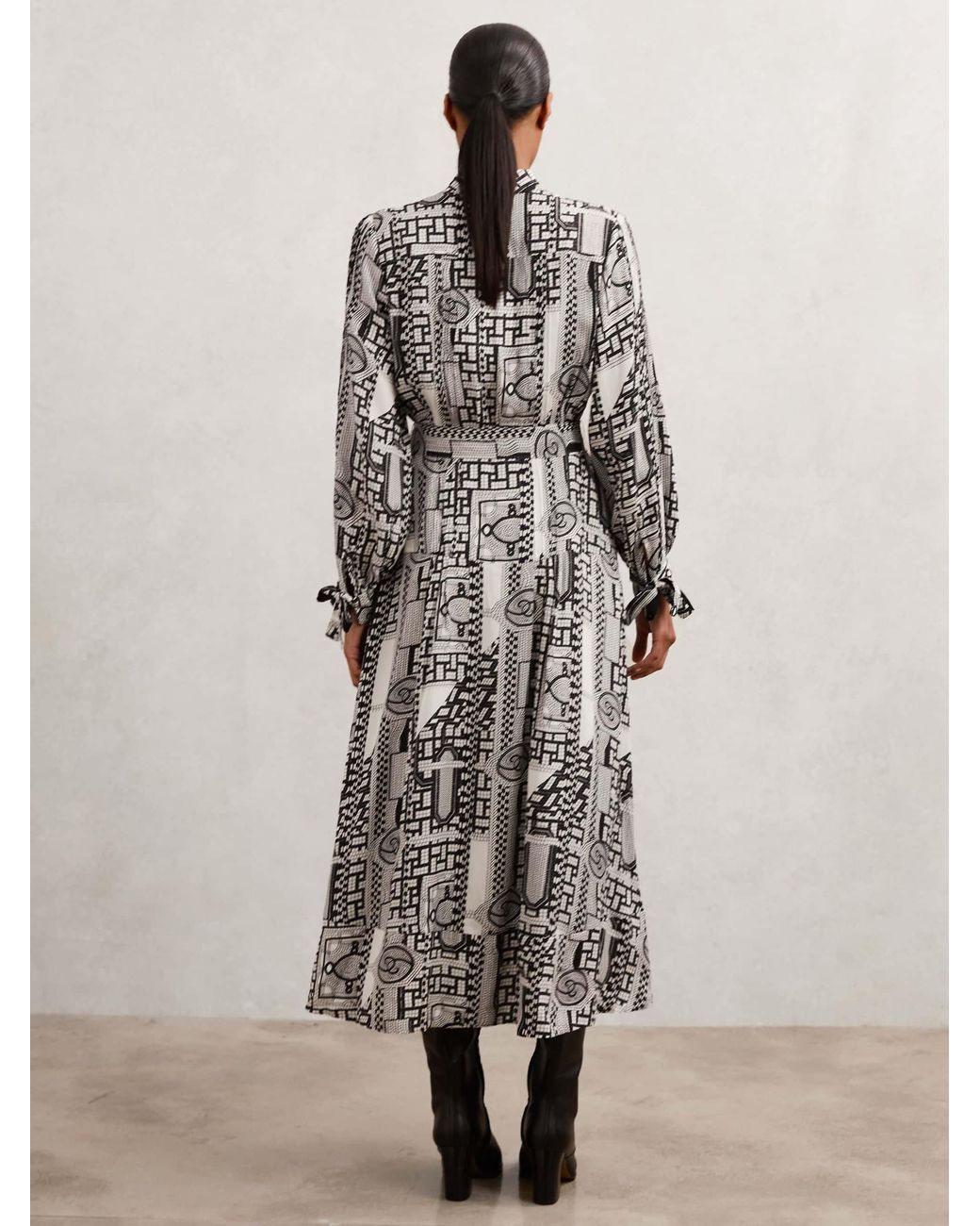 Reiss Gray Geometric-Print Tie-Neck Dress