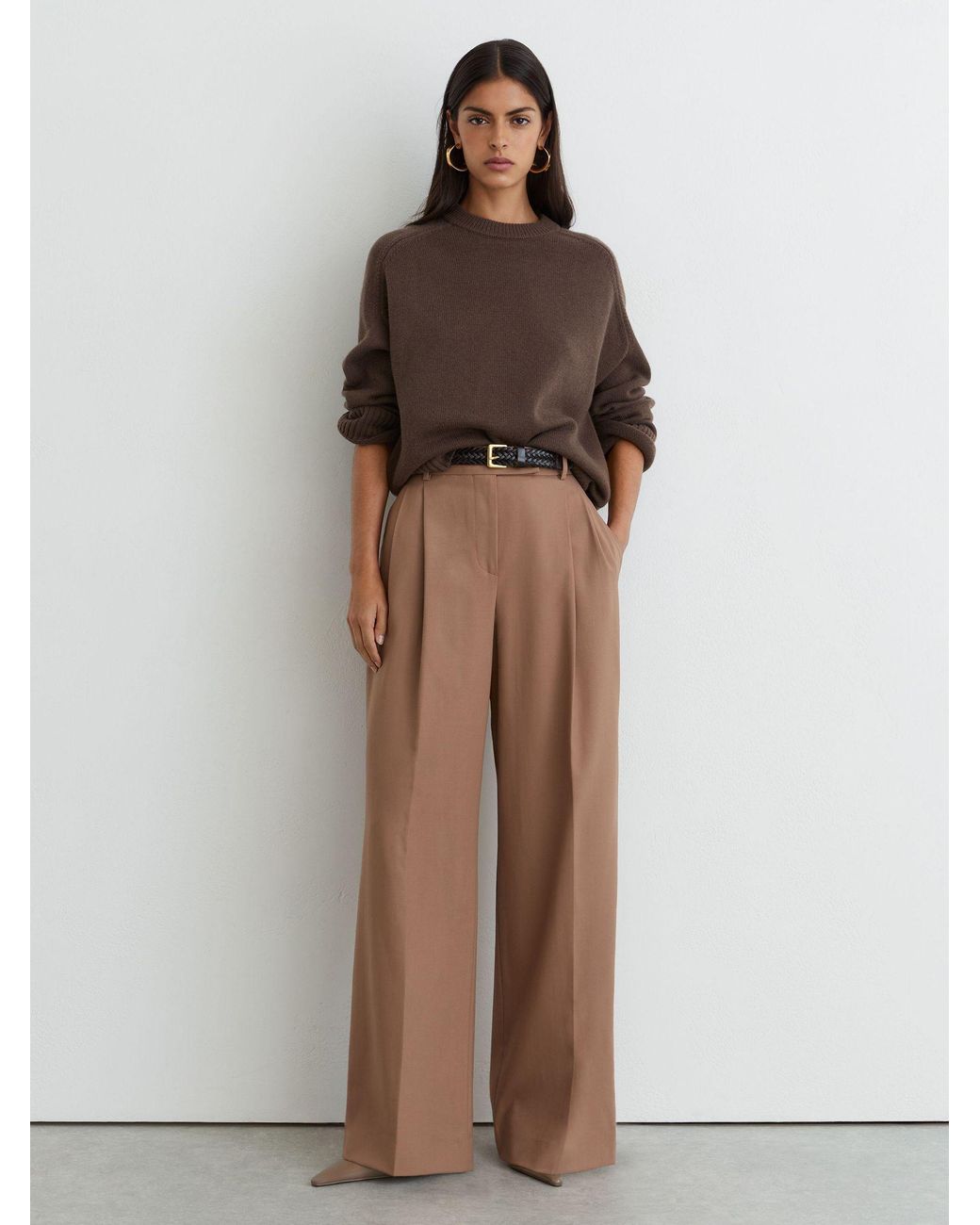 Reiss Brown Wool-Cashmere Crew-Neck Raglan Jumper