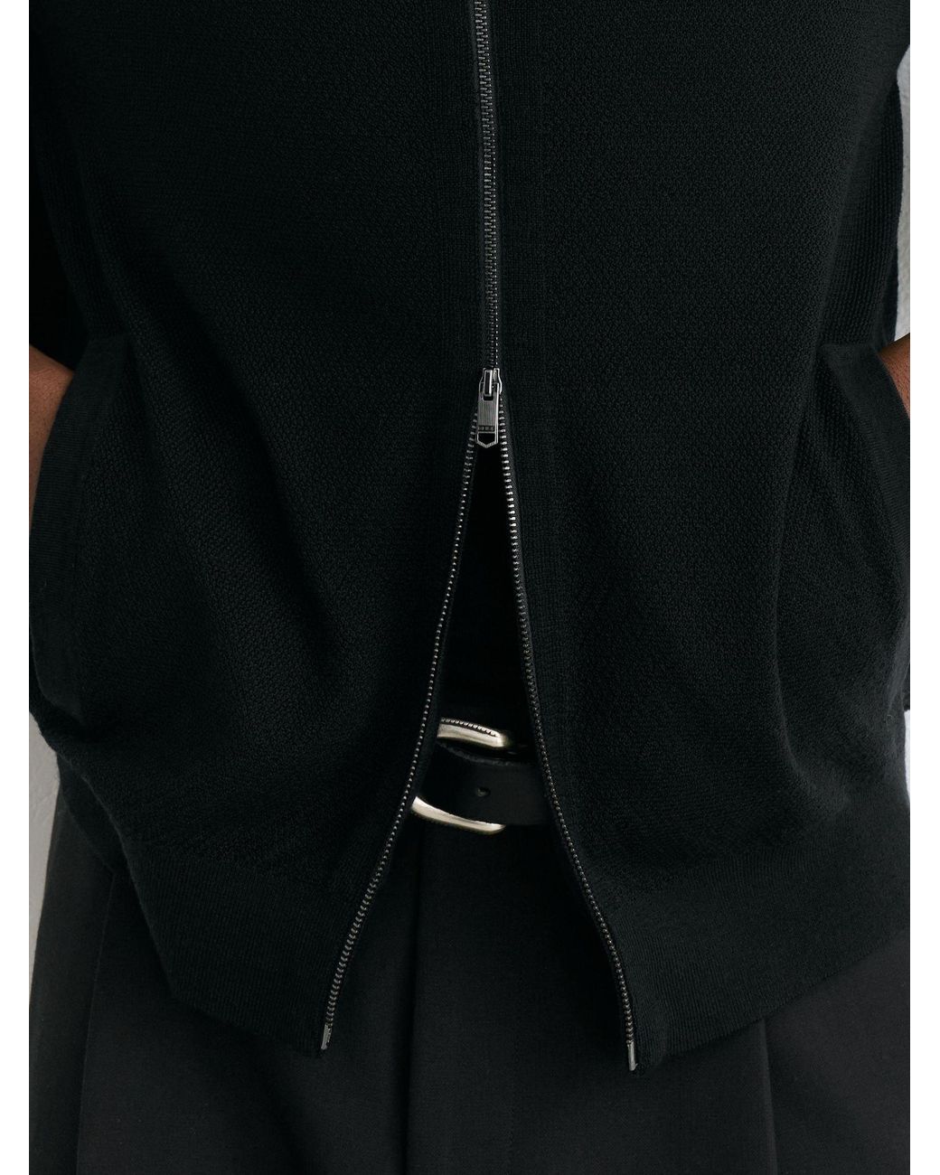Reiss Black Merino Wool Textured Bomber Cardigan for men