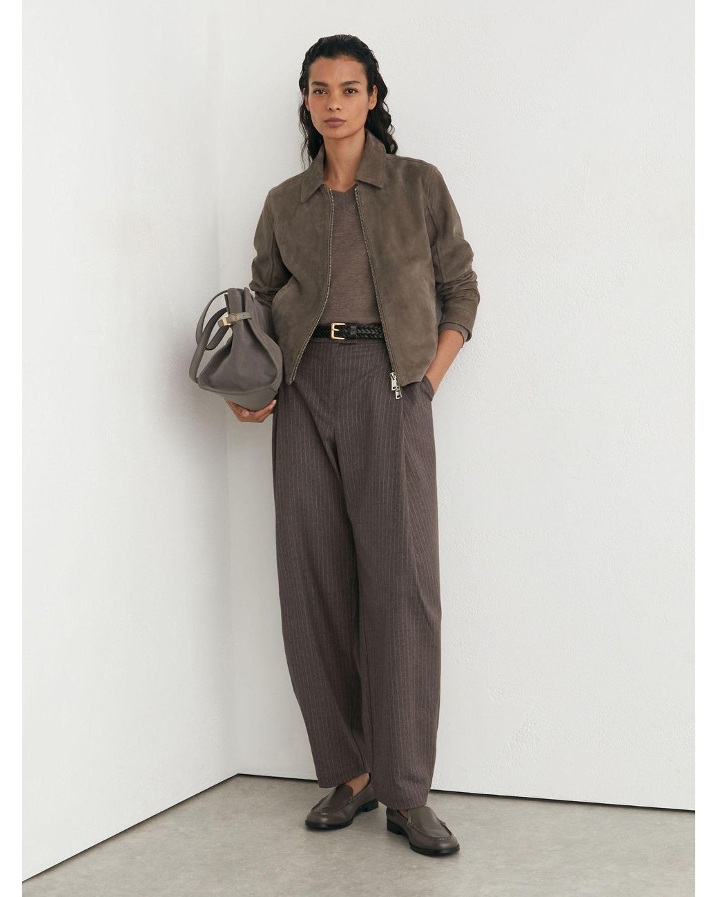 Reiss Gray Petite Suede Zip-Through Moto Jacket