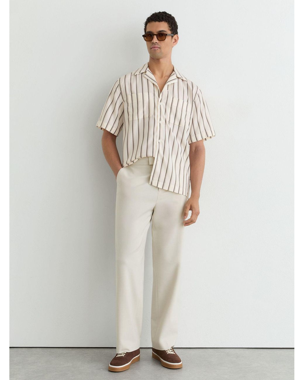 Reiss Brown Lyocell Stripe Relaxed Cuban-Collar Shirt for men